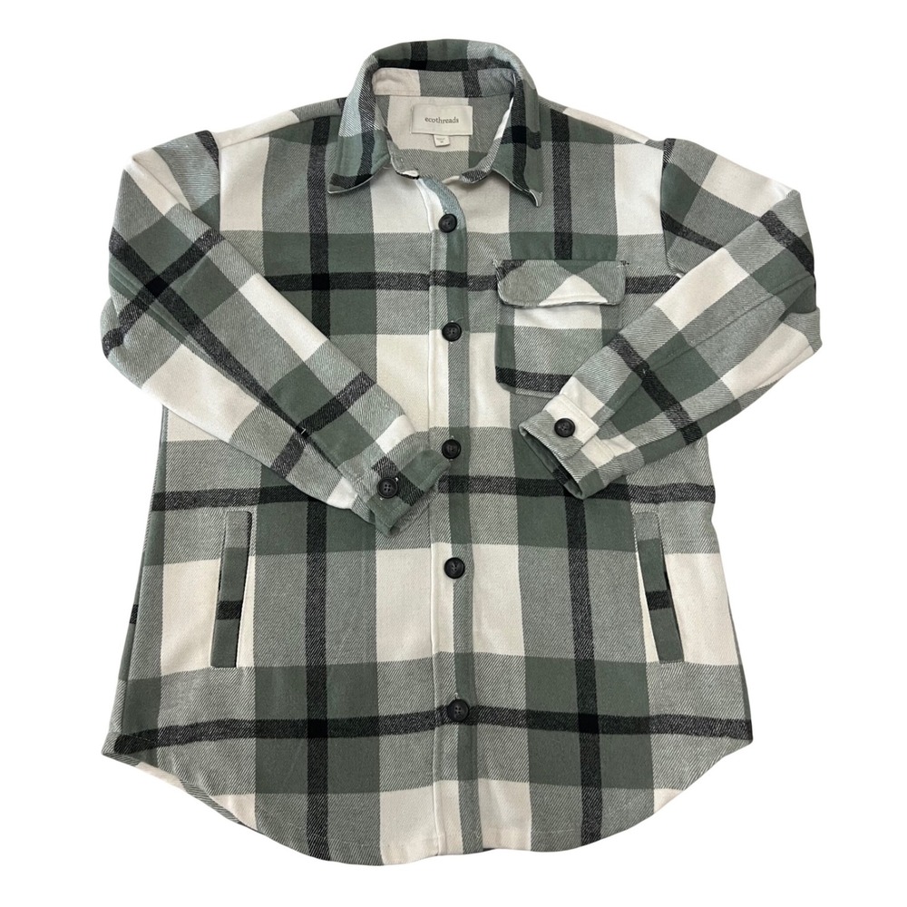 Ecothreads Women's Plaid Shirt Jacket Green‎ Black White Size Medium